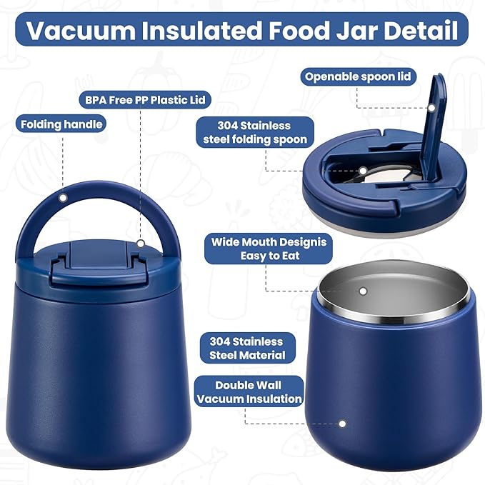 20oz Insulated Vacuum Food Jar with Buckle Lid,Soup Thermo for Hot Food Kids,Wide Mouth Leakproof Stainless Steel Lunch Container with Spoon-Blue