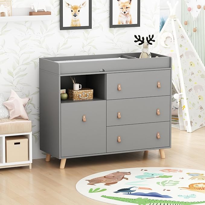 Baby Dresser Changing Table with Drawers,Shelf,Hidden Laundry Basket Storage,2 in 1 Nursery Dresser Chest for Infants, Baby Diaper Changing Station for Daycare,Bedroom,Grey