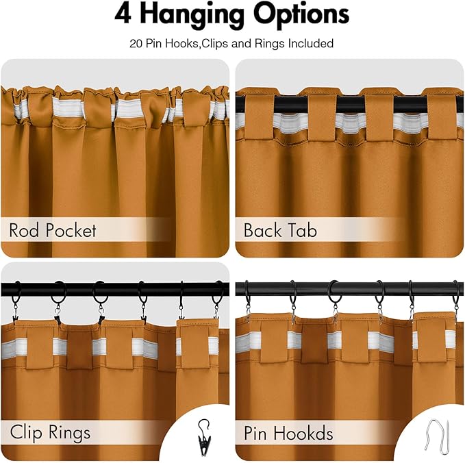 ANRODUO Back Tab Blackout Curtains for Bedroom Living Room, Rod Pocket Pinch Pleated Thermal Insulated Room Darkening Curtains 63 Inches Long 2 Panels, Mustard Yellow, 42 x 63 Inch