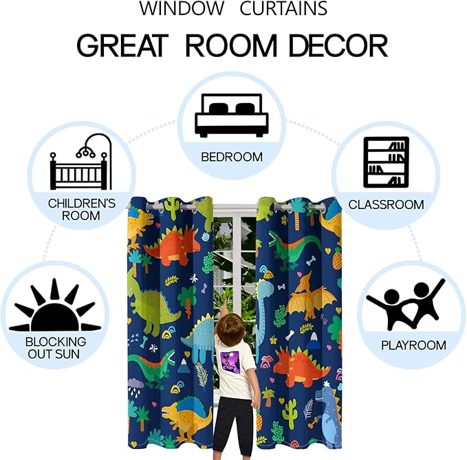 Dinosaur Blackout Curtains 2 Panels 63" Inch Drapes Boys Curtains for Bedroom Cute Dinosaur Themed Grommet Top Thermal Insulated Boys Room Curtains for Nursery, Navy Blue, 82" x 63"
