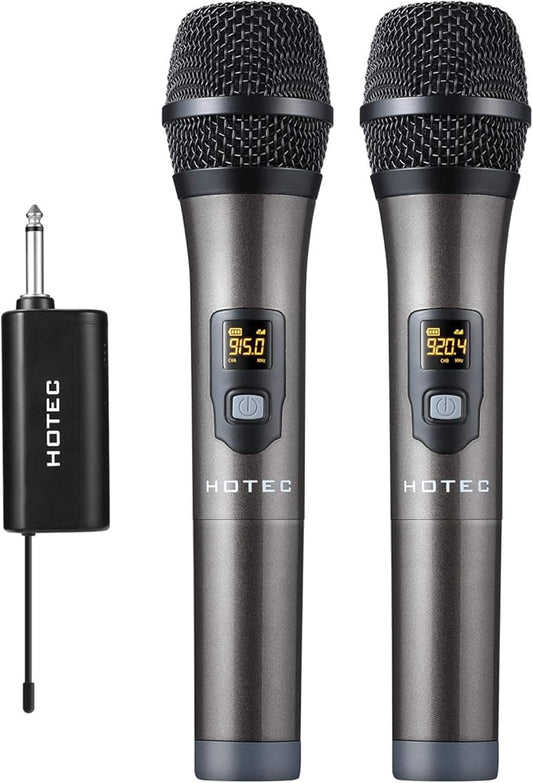 HOTEC UHF Wireless Dual Handheld Microphones with Rechargeable 1/4” Output Mini Portable Receiver for Live Performance Over PA, Mixer, Speaker (H-U26C)