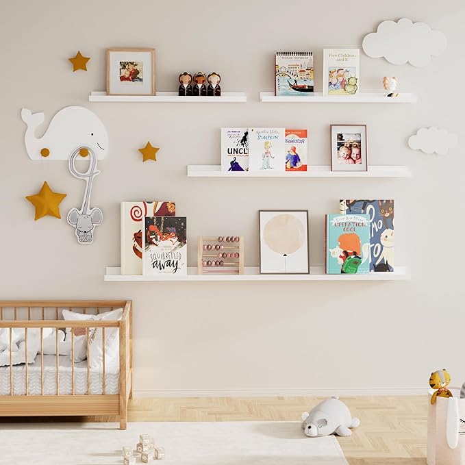 Picture Ledge Shelf for Wall, Floating Shelves Set of 4, 24 Inch Long Nursery Book Shelves for Toys Storage, Kids Bookshelf Wall Mounted for Books Photo Frames, White