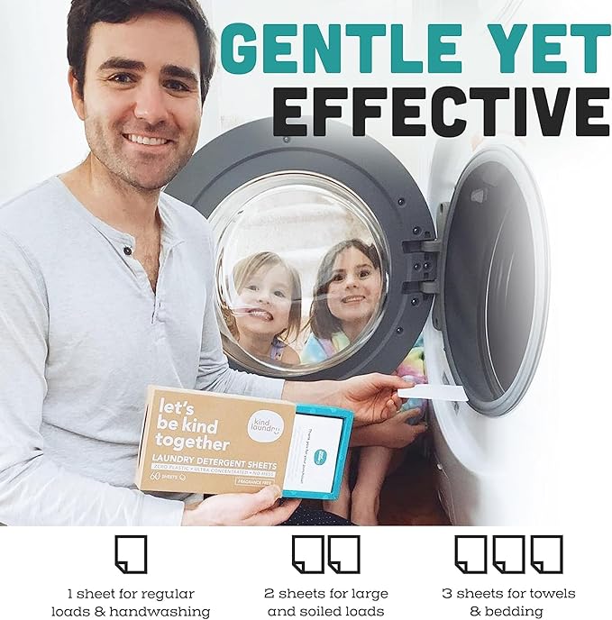 Kind Laundry Detergent Sheets with Stain-Fighting Enzymes - Plant Powered Eco-Friendly Laundry Soap Sheets - Home or Travel Laundry Detergent Fragrance Free, 120 Loads (Mom's Choice Award Winner)