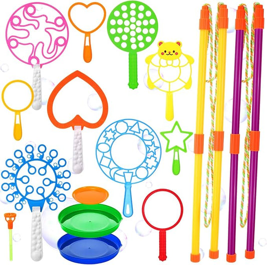 Lenwen 16 Pcs Giant Bubble Wands Kit Big Maker Toy Large Gigantic Bubble Wands with Refill and Tray for Summer School Birthday Outdoor Playtime Fun Activity Party Favors (Various)