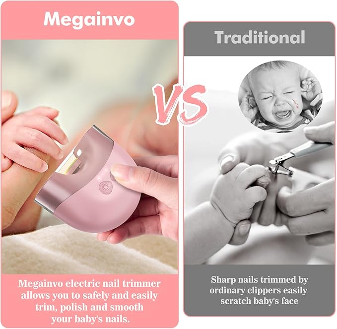 Megainvo Baby Nail Trimmer Electric USB Rechargeable Baby Nail File, Baby Nail Clippers w/Storage Compartment & LED Light, Electric Nail File for Baby Infant Toddler Newborn Nail Care Kit Pink