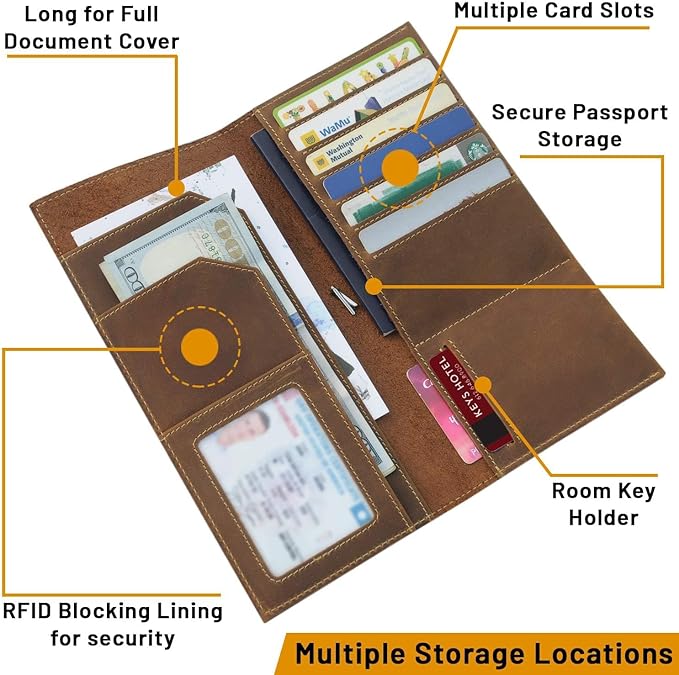 WANDERINGS Genuine Leather Passport Wallet - 4.25 x 9 - Large Leather Passport Holder for Travel - Folding Leather Travel Wallet Case with RFID Blocking, Travel Organizer for Men and Women