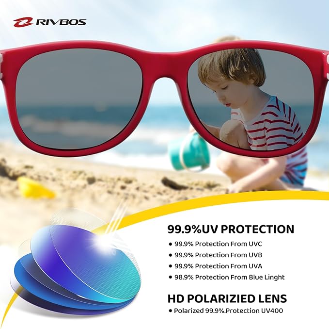 RIVBOS Kids Sunglasses Polarized UV Protection Flexible Rubber Glasses Shades with Strap for Boys Girls RBK004