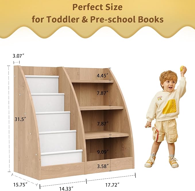 4 Tier Kids Bookshelf Set of 2,4 Layer Sling Kids Book Shelf for Kids Rooms,Wood Children Bookcase,Baby Storage Book Rack,Toddler Bookshelf, Book and Toy Organizer,Book Display Shelf for Nursery