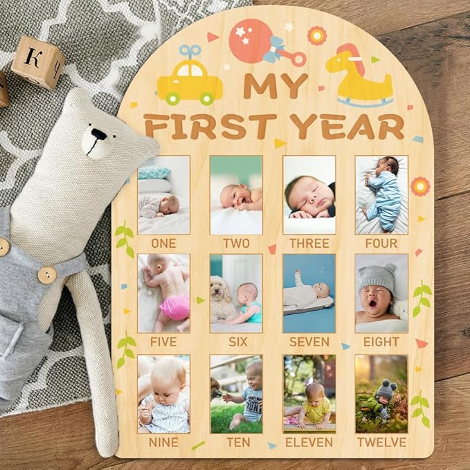 ORIGACH My First Year Baby Growth Photo Display Wood Board - 12 Months Newborn Milestones Photo Board - Neutral Baby Keepsake Frame 1st Birthday Party Nursery Decor New Mom Gift - Car & Rocking Horse