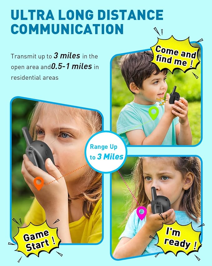 Walkie Talkies for Kids Long Range - 4 Pack Kid Walkie Talkies with Replaceable Shell Backlit LCD Flashlight 3 Miles Range - Gifts and Toys for 5-7 Year Old Boys and Girls