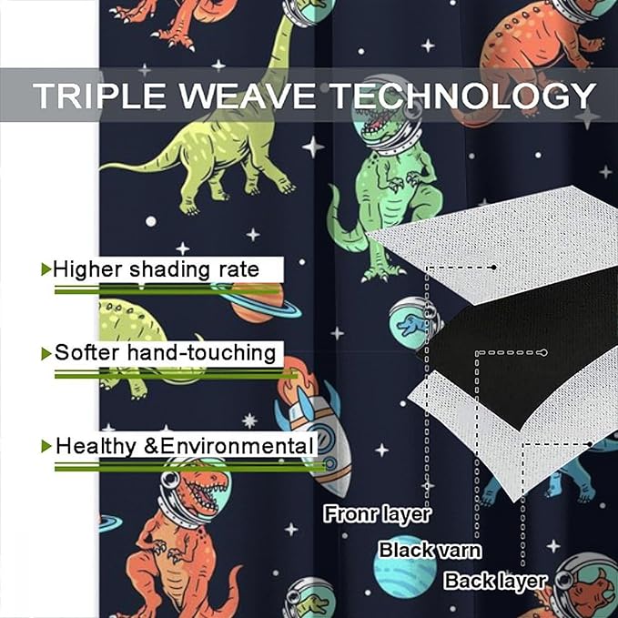 Cartoon Dinosaur Curtains for Kids Boys Girls Home Decor, Astronaut Rocket Funny Outer Space Blackout Rod Pocket Window Drapes for Bedroom Living Room W21xL45in 2 Panels