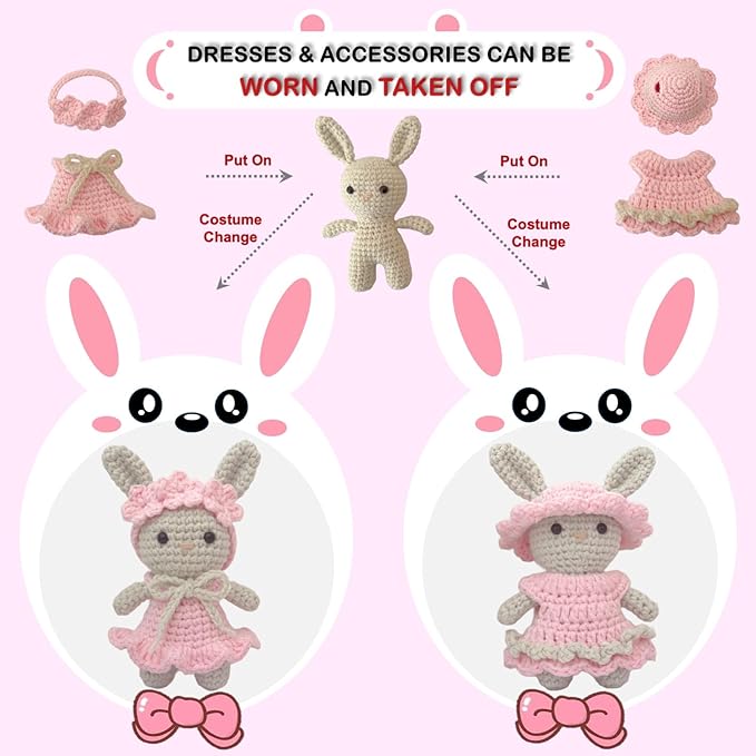 LoopMap Beginner Crochet Kit for Adults & Kids - DIY Amigurumi Bunny with Removable Dress & Accessories - Step-by-Step Video Tutorials, Extra Yarn, Crochet Tools - Handmade Gift (Bunny-Pink)