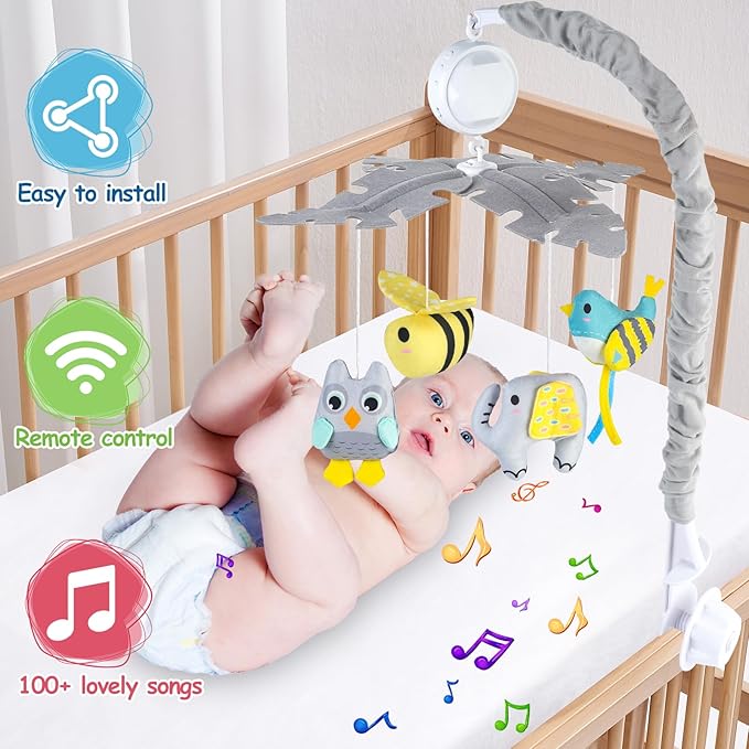 VZO Baby Crib Mobile with Music and Lights, Mobile for Crib with Remote Control, Rotation, Starlight Projection, Crib Toys for Babies Boys Girls Gray