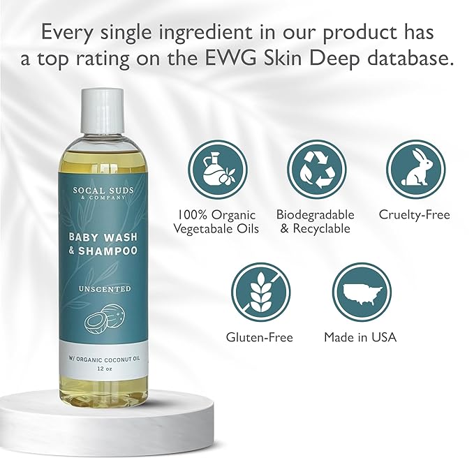 SoCal Suds & Company Baby Shampoo & Body Wash, 2-in-1 Organic Gel - Gentle Castile Soap with Vitamin-Infused Oils & Botanicals - Natural Care for Sensitive Skin Hypoallergenic -12oz Fragrance Free 2Pk