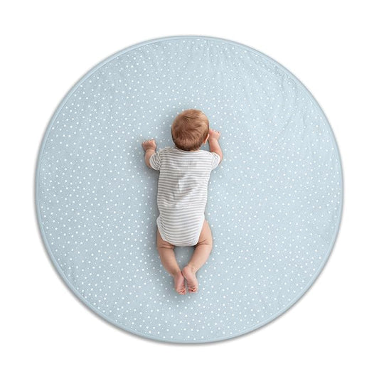 Byrd & Blume Round Baby Play Mat, Organic Cotton Soft Padded Nursery Floor Mat, Safe Hypoallergenic Baby Mat, Reversible, Foldable, Portable Infant Tummy Time Mat Fits Tents & Playpens (40"x40") Blue