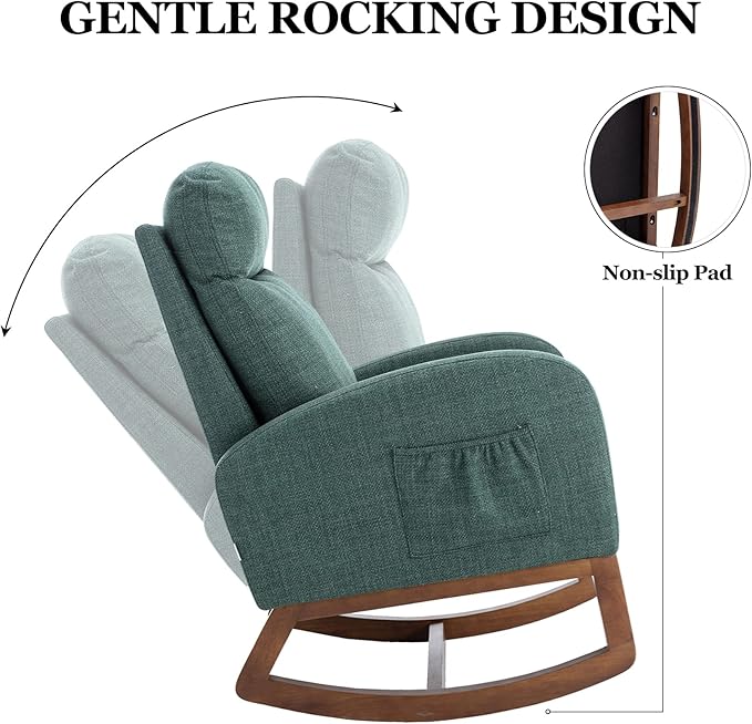 Dolonm Nursery Rocking Chair for Living Room, Upholstered Mid-Century Modern Nursery Rocking Armchair Tall Back Accent Glider Rocker, Emerald