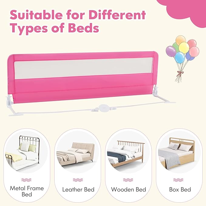 BABY JOY Bed Rails for Toddlers, 71'' Extra Long, Swing Down Bed Guard w/Safety Strap, Folding Baby Bedrail for Kids Twin, Double, Full Size Queen & King Mattress (71-Inch, Pink)