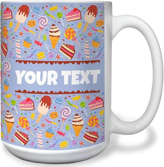 Personalized Mug for Kids - Sweets - Custom Name/Text, Ceramic Hot Chocolate/Cocoa/Coffee Cup for Boys/Girls, Birthday/Christmas/Holiday Gift - 15 oz, White Handle