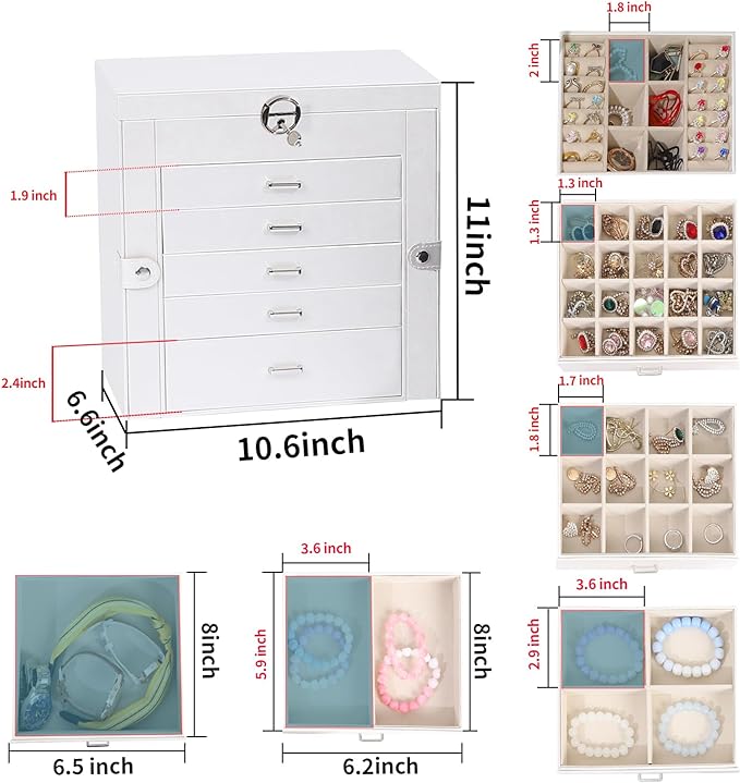 BOOVO Jewelry Box For women, 6 Layer Large Jewelry Organizer With Mirror, Multi-Function Storage Box With Lock, Accessory Holder With 5 Drawers, For Earrings Necklace Ring Bracelet (White)
