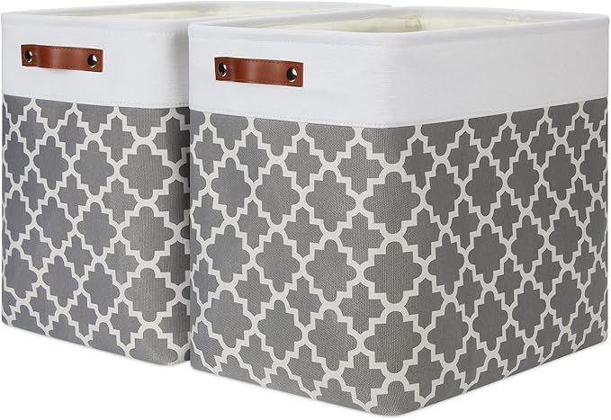 DULLEMELO Storage Baskets Large 17"x12"x15" Foldable Rectangular Storage Bins Baskets for Organizing [2 Pack] Fabric Nursery Storage Baskets for Home,Office,Closet,Clothes,Toys (White&Lattice Grey)