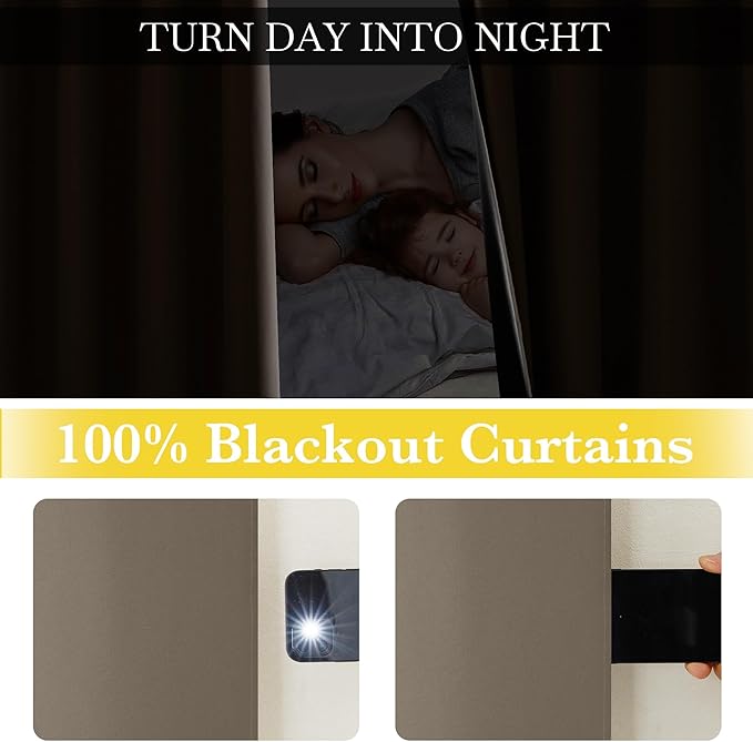 NICETOWN 100% Full Blackout Portable Curtains for Bedroom, Grommet Lightweight Travel Black Out Shades Window Treatments Thermal Curtains for Laundry/Kitchen, Tan, W52 x L63, 2 Panels