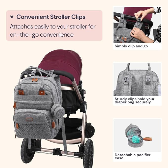 BabbleRoo Diaper Bag Backpack - Baby Essentials Travel Tote - Multi Function Waterproof Diaper Bag, Travel Essentials Baby Bag with Changing Pad, Stroller Straps & Pacifier Case - Unisex, Light Gray
