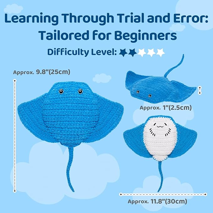 Mewaii Microwavable Heatable Manta Ray Crochet Kit for Beginners Level 2 with 40% Extra Eco-Friendly Pre-Started Easy Yarn, Step-by-Step Video Tutorials for Adults and Kids