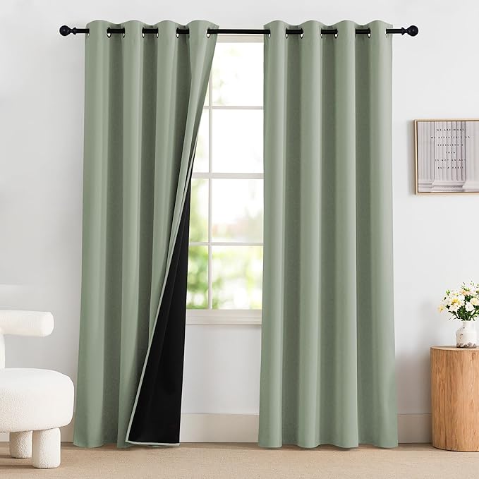 NICETOWN Sage Green Curtains 52 x 84 inches Long, 100% Blackout Curtains Set of 2 Panels Thermal Insulated Privacy Window Curtains for Bedroom Living Room