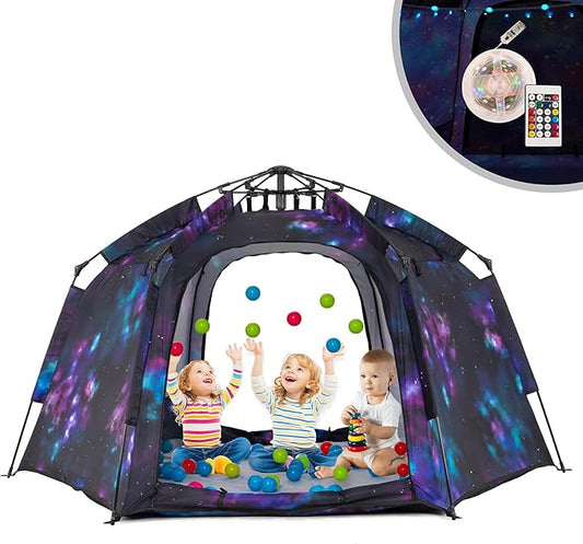 Portable Hexagon Kids Play Tent with LED Strip Lights Indoor Children Play House Easy Set-up Space Dream Tent for Night.4-5 Person Large Tents & Birthday Gifts