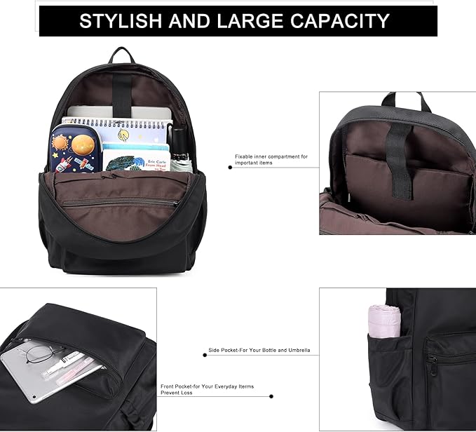 CLUCI Black Backpack for Women Men, Waterproof High School Bookbag, Lightweight Casual Travel Daypack, Classic Basic College Backpack, Middle School Bag for Teen Girls Boys Laptop Backpack