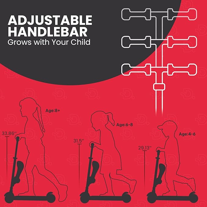 Black and Red 3 Wheel Scooter with Seat for Kids – Light-Up LED Wheels, Adjustable Handlebar and Seat, Smooth PU Wheels, Wide Anti-Slip Deck, Rear Foot Brake – Toddler Outdoor Toys for Ages 2+