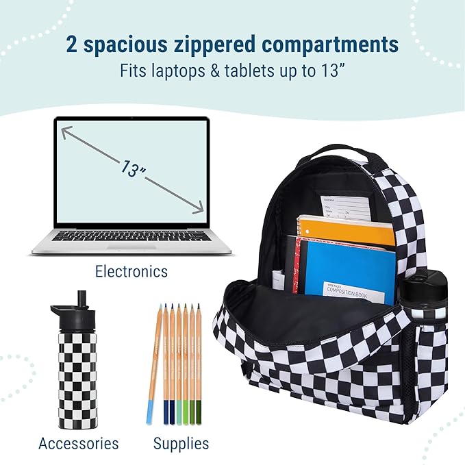 Wildkin ECO rPET 15-inch Kids Backpack – Sustainable, Padded, Adjustable – Black & White Checkered