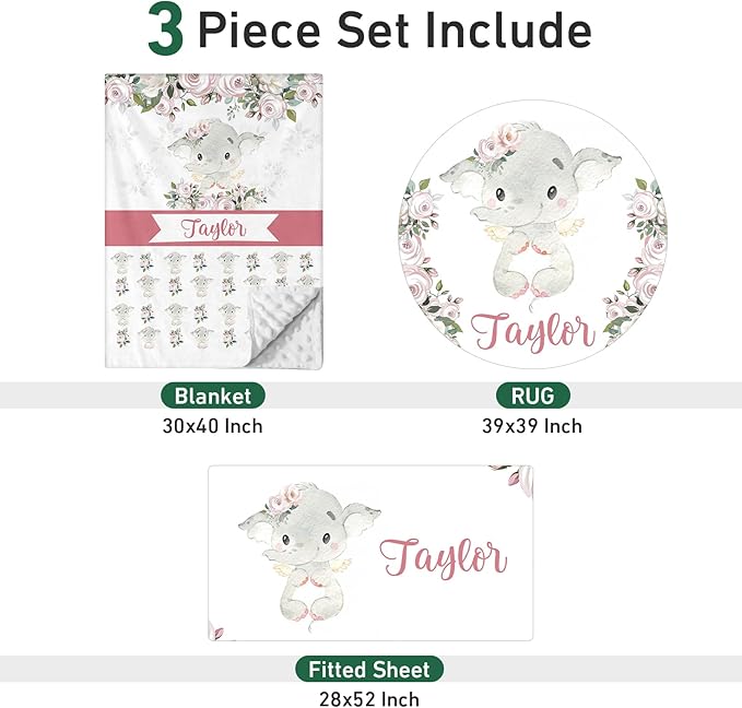Personalized Baby Crib Bedding Set - Custom Name Lovely Elephant Design 3 Pcs Set - Soft Blanket with Double Layer Dotted Backing, Fitted Sheet, Room Rug for Newborns Boys Girls Shower Gift