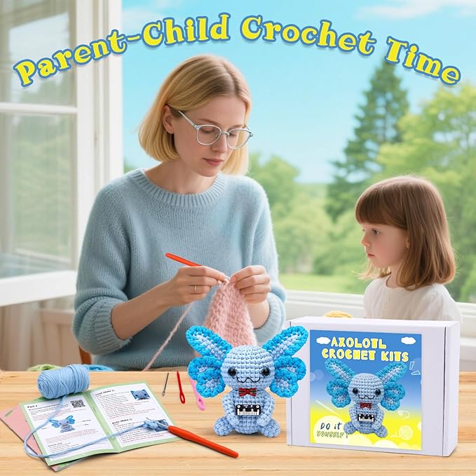 Pnytty Crochet Kit for Beginners, Crochet Animal Kits for Starters with Step-by-Step Video Tutorials, Blue Axolotl Knitting Kit with Easy-to-See Stitches Yarn, Crochet Hooks for Adults Easy Craft