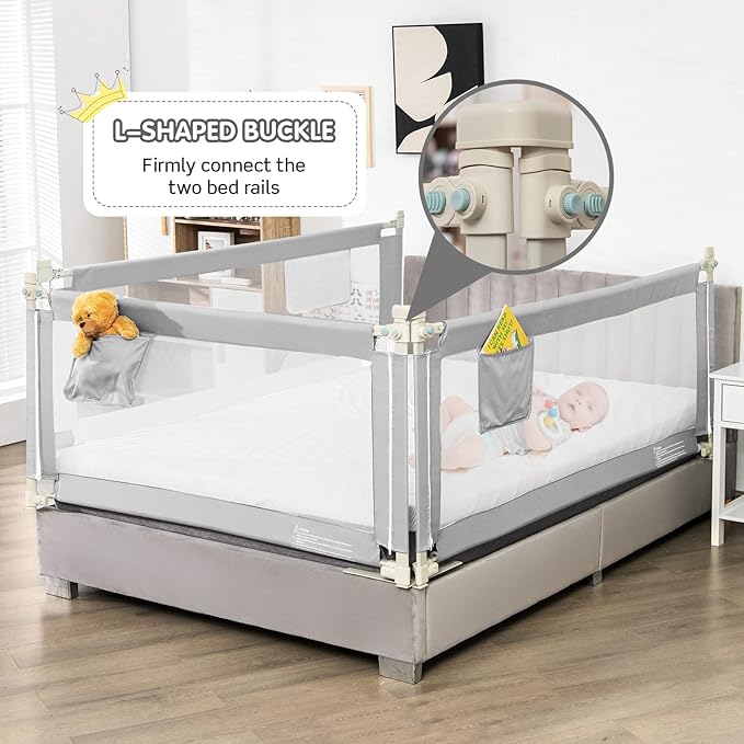 BABY JOY Bed Rail for Toddlers, 69’’ Extra Long, Height Adjustable & Foldable Baby Bed Rail Guard w/Storage Pocket & Double Safety Child Lock for Kids Twin Double Full Size Queen King Mattress (Gray)