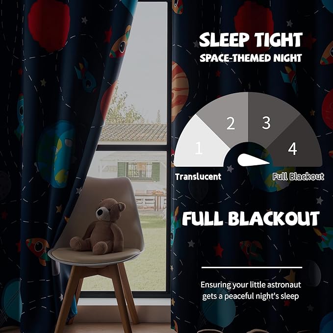 Kids Space Themed Blackout Curtains - 2 Panels, Each W42×L72, 100% Blackout, Perfect for Bedroom and Nursery, Energy Saving with Vibrant Cosmos Patterns