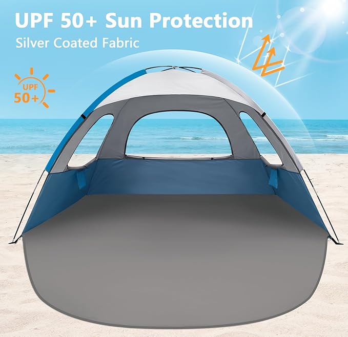 NXONE Beach Tent Sun Shade Shelter for 3/4/6 Person Person with UV Protection, Extended Floor, 3 Mesh Roll Up Windows & 8.0/8.5mm Fiberglass Rods丨Carry Bag Included