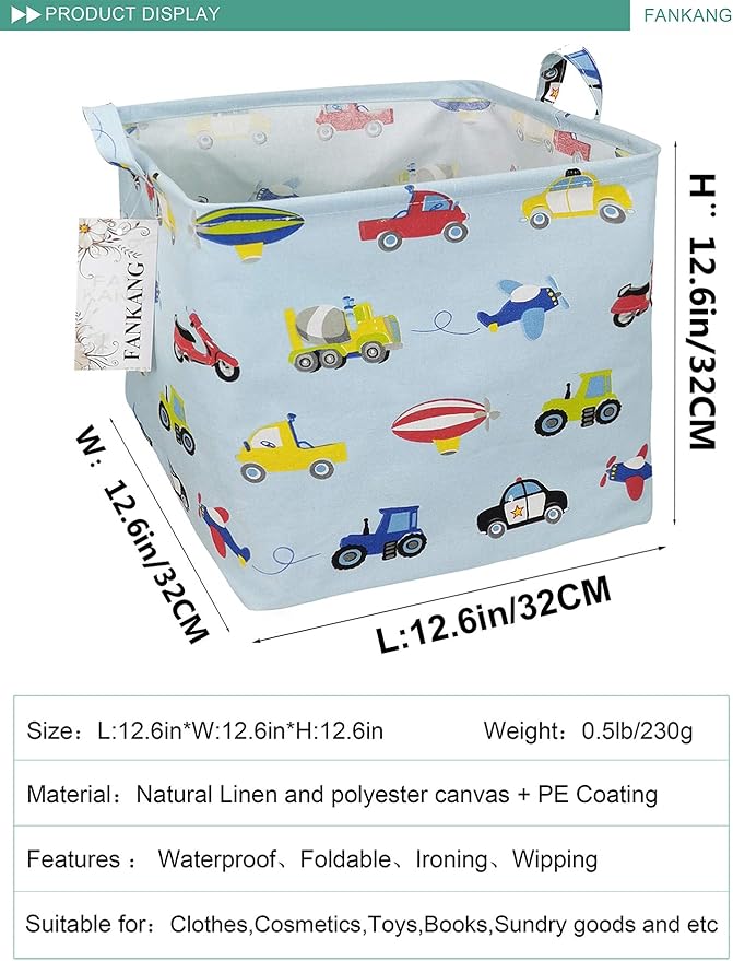 FANKANG Square Nursery Hamper Storage Bins Canvas Laundry Basket Foldable with Waterproof PE Coating Storage Baskets Gift Baskets for Children, Office, Bedroom, Clothes（Square-Car ）