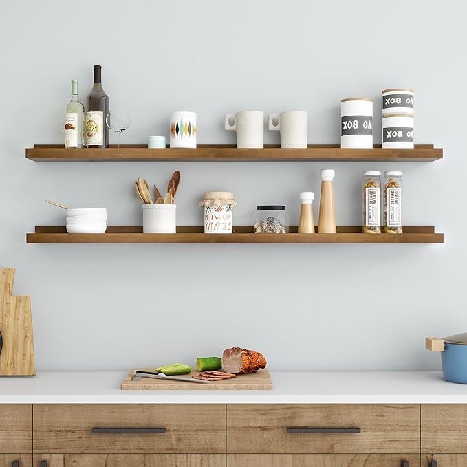 Picture Ledge Wall Shelves 48 inch Width Set of 2, Solid Pine Wood Rustic Floating Ledge Shelves for Wall for Kids' Room Bedroom Kitchen Bathroom Living Room Nursery Display Wall Decor, Walnut