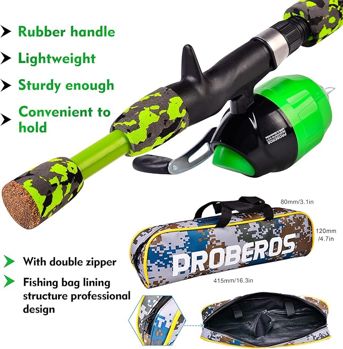 PROBEROS Kids Fishing Pole - Portable Telescopic Fishing Rod and Reel Combo Kit - Spincast Fishing Reel Casting Rods with Lures Lines Tackle Box and Bag for Boys Girls Youth Fishing