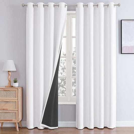 ChrisDowa White 100% Blackout Curtains for Bedroom with Black Liner, 2 Thick Layers Total Blackout Thermal Insulated Grommet Long Window Curtains 2 Panels Set (Pure White, 52 x 95 Inch)