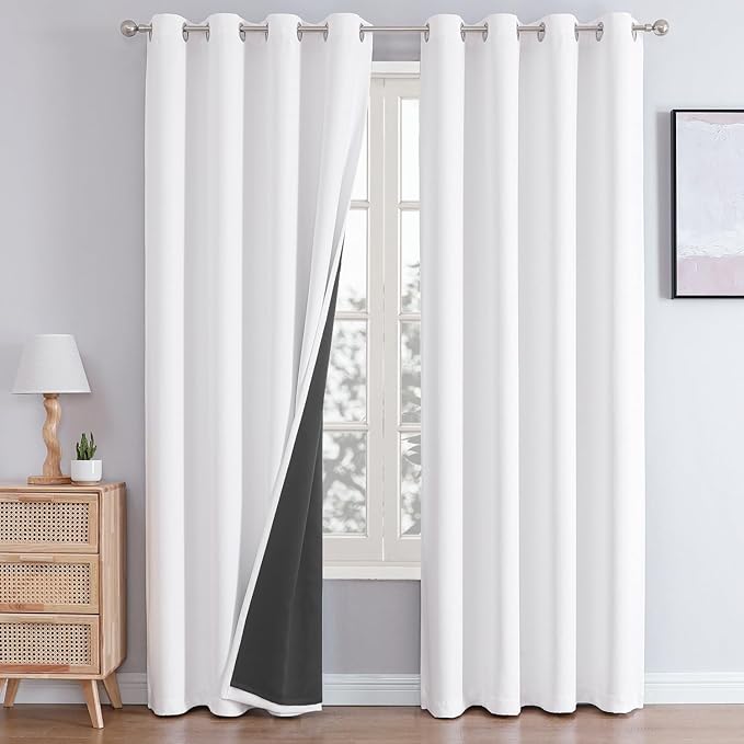 ChrisDowa White 100% Blackout Curtains for Bedroom with Black Liner, 2 Thick Layers Total Blackout Thermal Insulated Grommet Window Curtains 2 Panels Set (Pure White, 52 x 84 Inch)