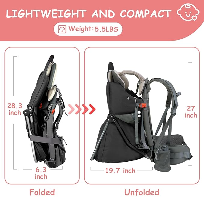 Wipha Baby Backpack Carrier, Toddler Carrier with Canopy, Adjustable and Safe Hiking Backpack for Baby(Creeper III-Black)