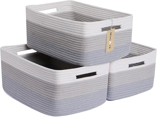 Large Storage Baskets for Shelves, Closet Organizers Bins for Clothes Blanket Towels, Baby Nursery, Toy Baskets Box, Woven Rope Baskets, 17 x 13 x 7.5”, 3 Packs Gradient Grey