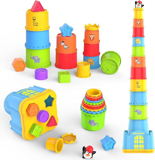 MOONTOY Stacking Cups Baby Toy Set, 19pcs Baby Stacking Toys for Toddlers 1-3, Shape Sorter Stackable Blocks Games Nesting Sorting Toys 6-12 Months 1 Year Old Easter Basket Stuffers Birthday Gift