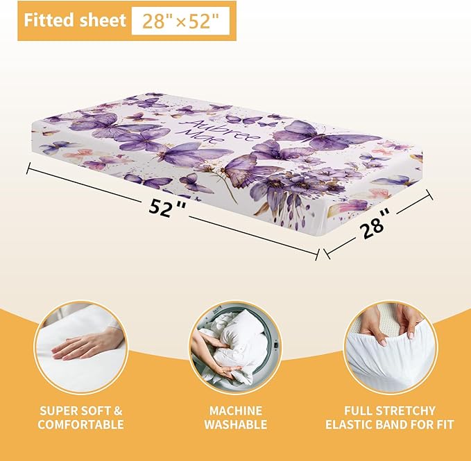 Personalized Baby Bedding Set, 5 Pcs Custom Toddlers Bedding Set with Infant Name, Soft Double Layer Nursery Crib Set for Girls Boys, Customized Infants Gifts for Baby Shower, Purple Butterfly