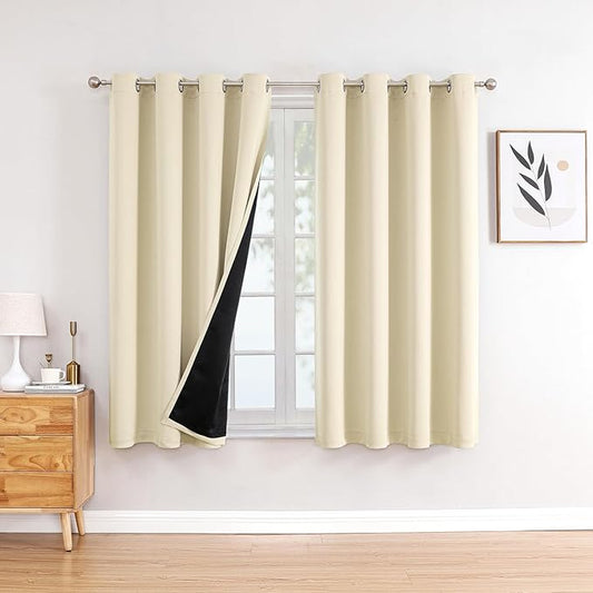 ChrisDowa 100% Blackout Curtains 45 inch Long for Bedroom with Black Liner, 2 Thick Layers Total Blackout Thermal Insulated Grommet Window Curtains 2 Panels Set (Light Beige, 52 x 45 Inch)