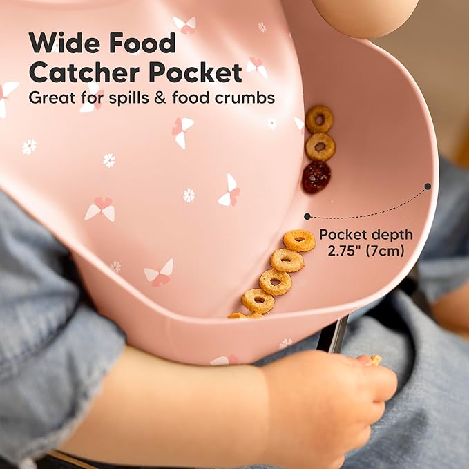 KeaBabies 2-Pack Silicone Baby Bibs for Eating - Sturdy Food-Grade Silicone Bibs for Babies Girl, Boy, Large Food Catcher, Clean & Put On Easily, Waterproof Toddler Feeding Essentials (Butterflies)