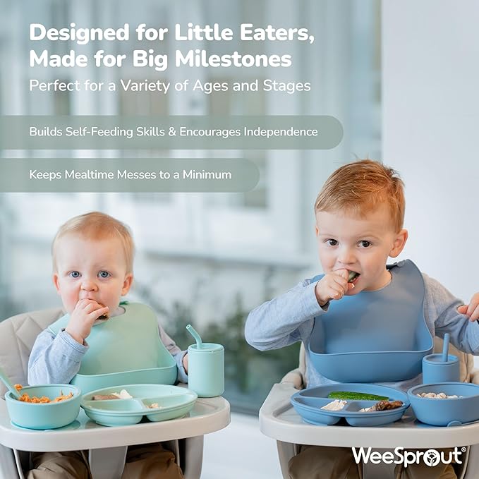 WeeSprout Baby Led Weaning Bundle, Silicone Suction Bowl, Spoons, Bib & Cup, Develops Self Feeding Skills, Dishwasher Safe (Confetti)