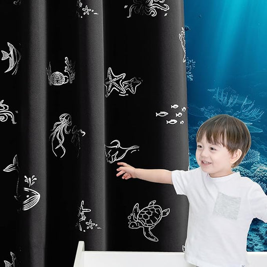 Vangao Kids Curtains for Boys Bedroom Kids Blackout Curtains 84 Inch Length Ocean Aquarium Nursery Drapes for Girls Bedroom Silver Sea Animals Print Thermal Insulated Drapes, Black 2 Panels